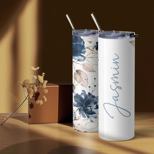 personalised blue and gold floral travel mug with name