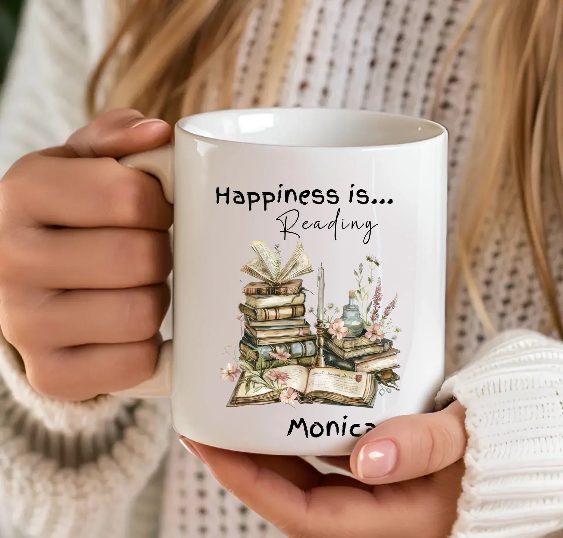 book lover mug with vintage books design