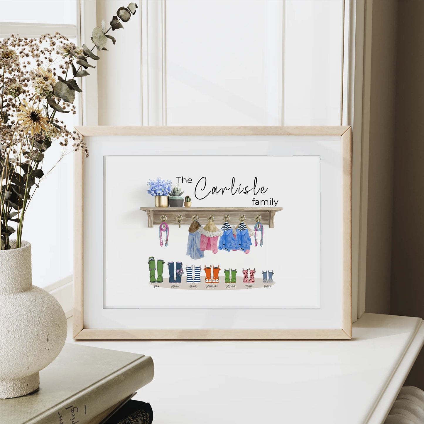 Personalised family print with wellies and hanging coats