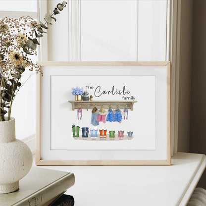 Personalised family print with wellies and hanging coats