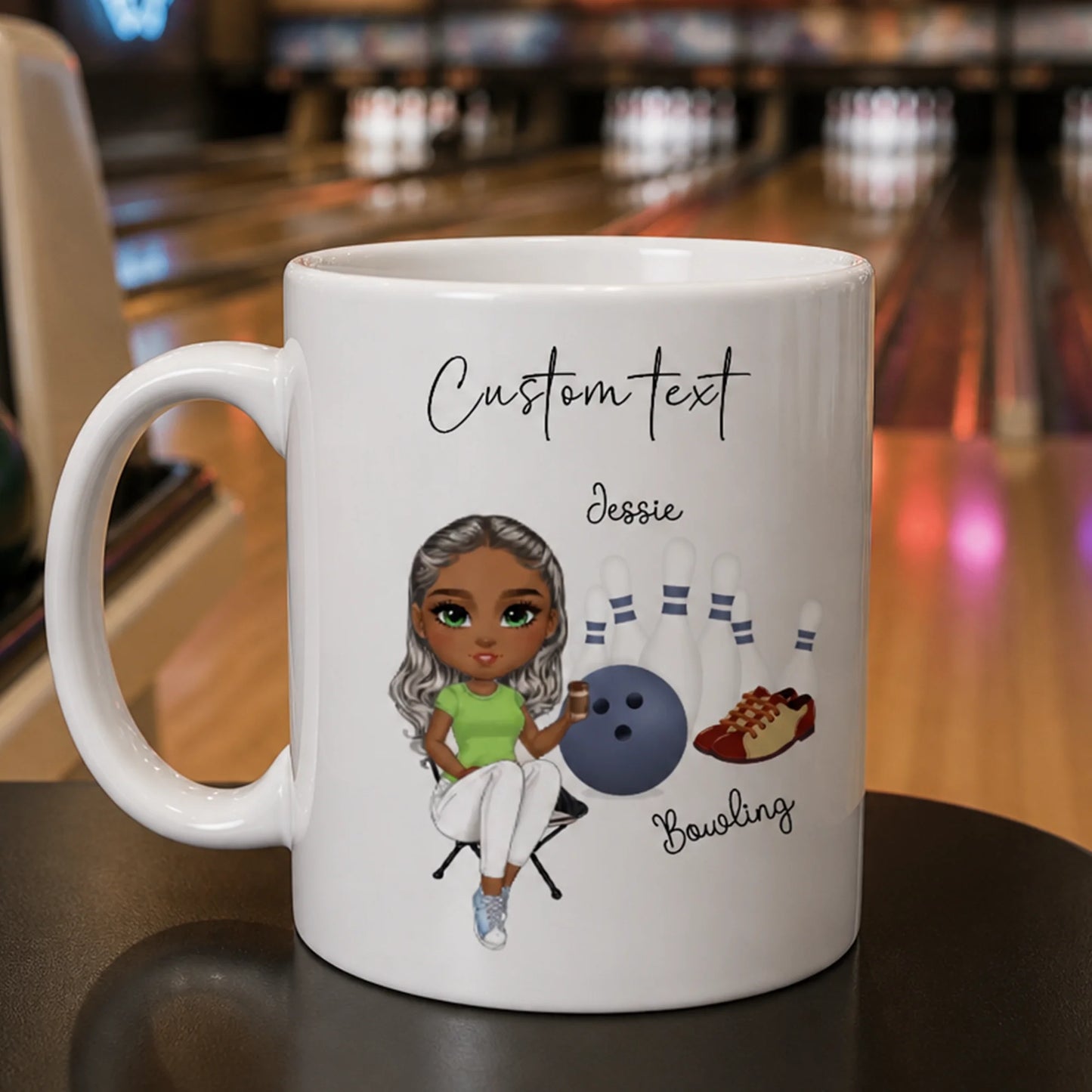 Personalised bowling mug with custom bowler character