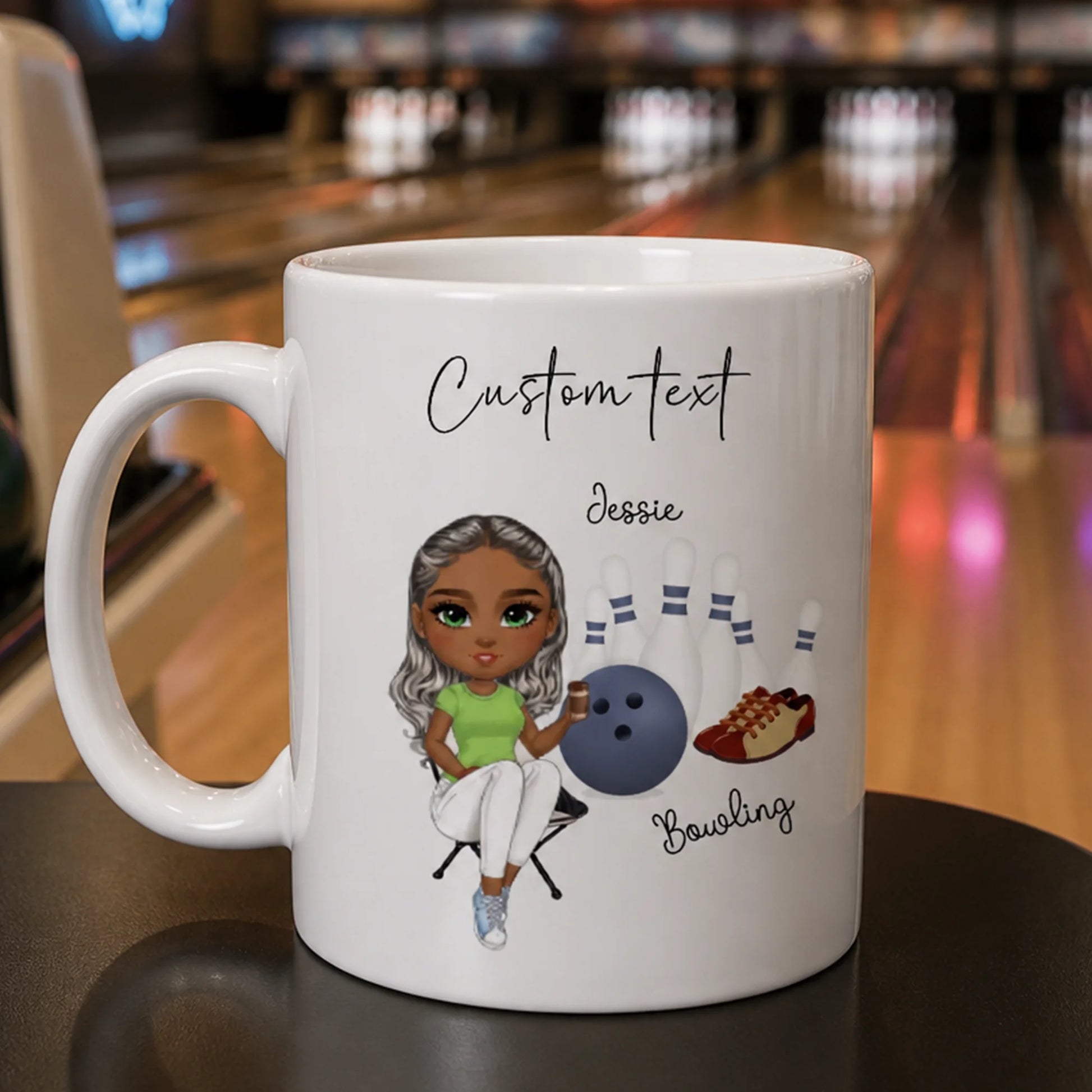 Personalised bowling mug with custom bowler character