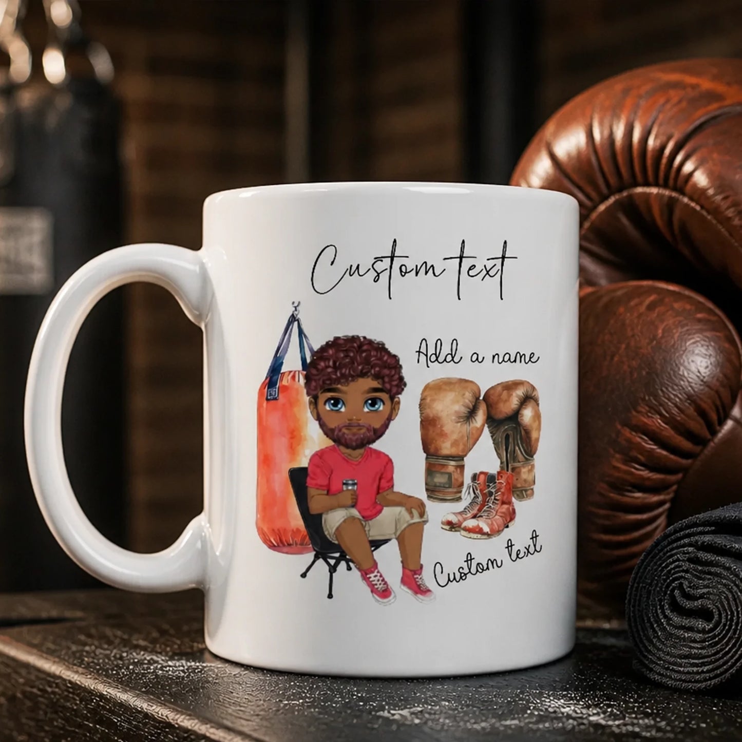 Personalised boxing mug with custom boxer character