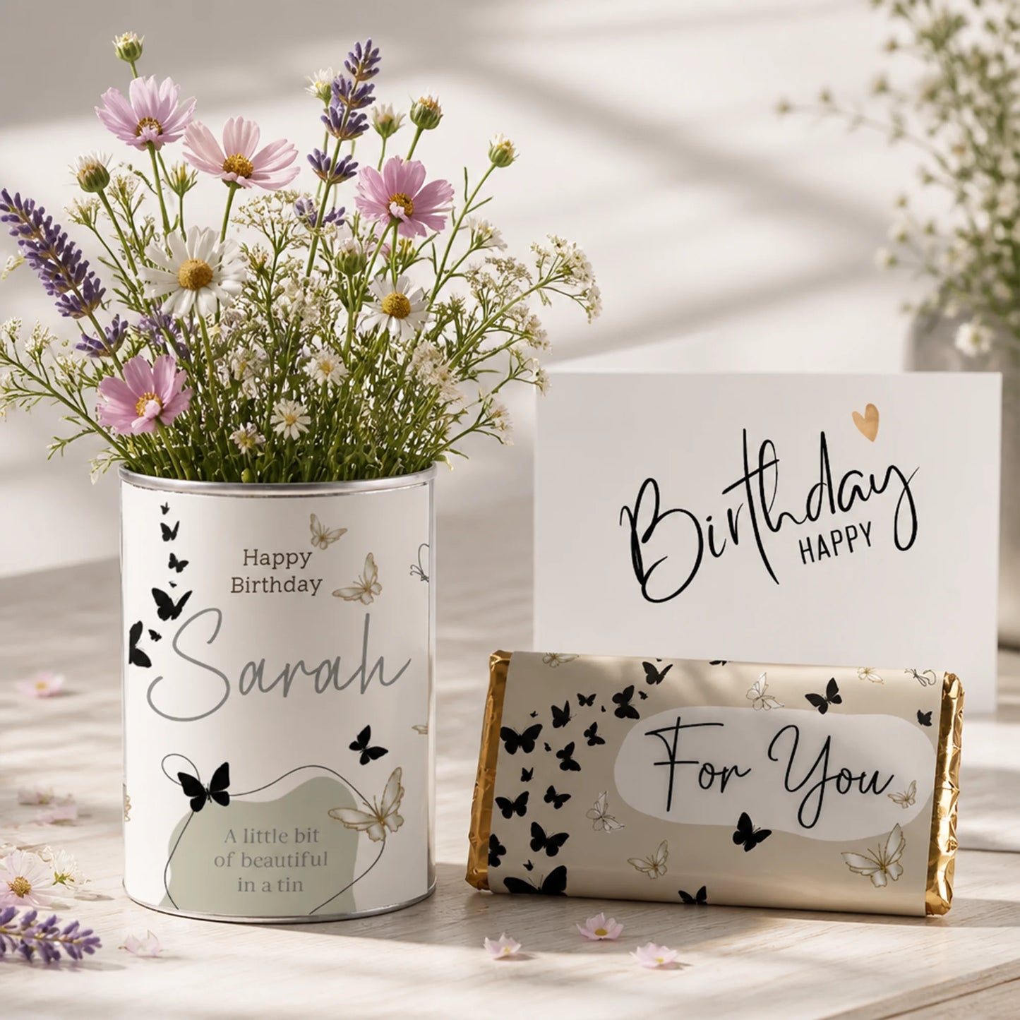 Personalised butterfly grow tin with wildflower seeds and name, unique flower gift