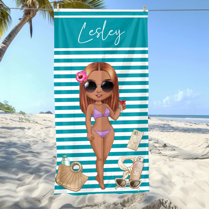 Personalised cartoon girl beach towel