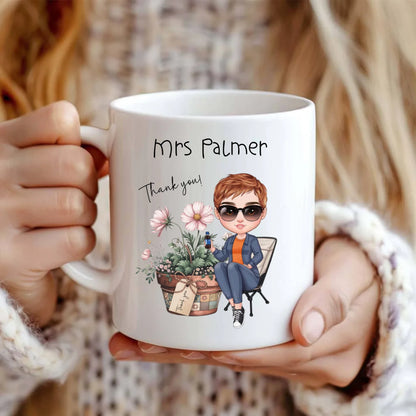 Thank you gift mug with personalised male or female character design