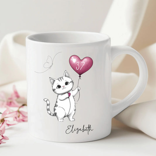 Personalised birthday cat mug with balloon