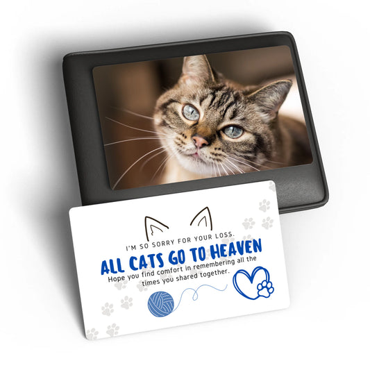 Memorial card for a cat with a photo of a cat and a sympathy message on a white background.