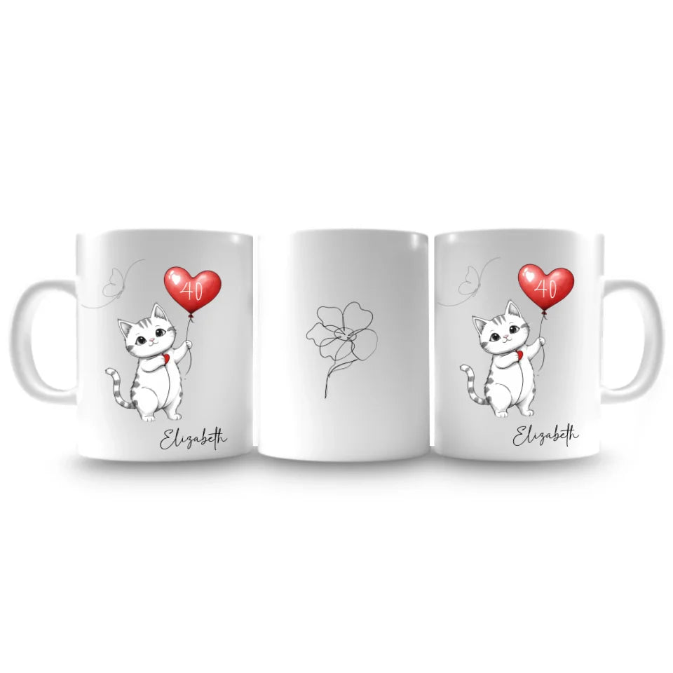 Cat holding balloon birthday mug