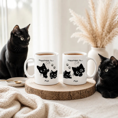 Happiness is Cats mug with custom name gift for cat lovers