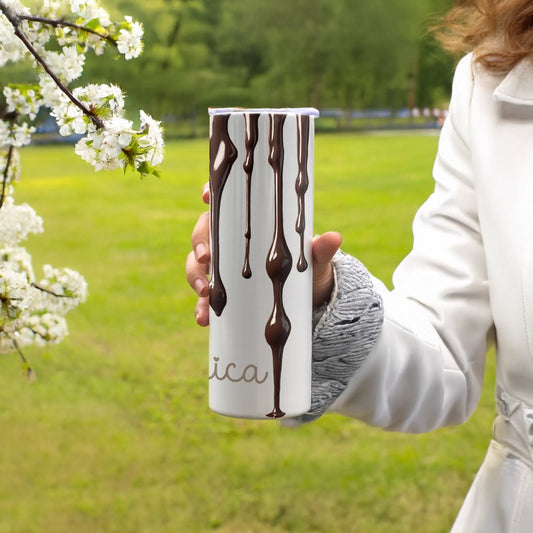 unique chocolate drip design travel cup – personalised for chocolate lovers