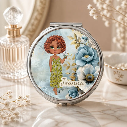 Personalised compact mirror with custom female character and name