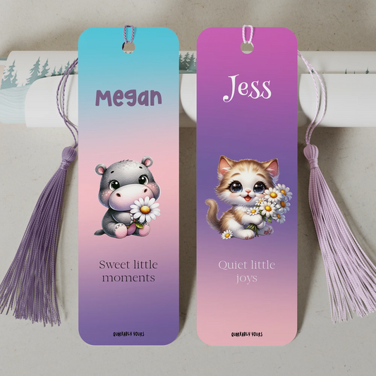 Two colorful bookmarks with cartoon characters and names 'Megan' and 'Jess'.