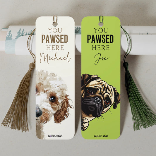 Personalised dog bookmark with “You Pawsed Here” design and custom name option Goldendoodle and pug