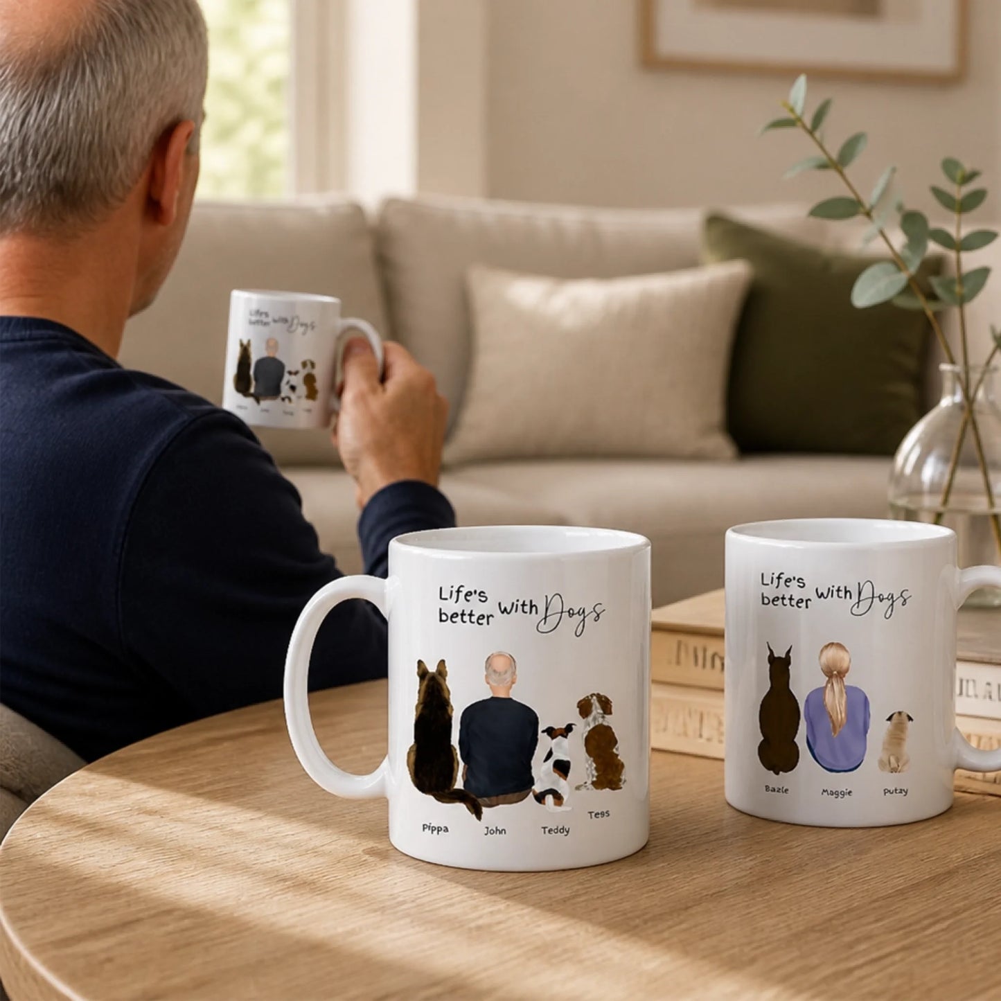Personalised dog family mug created with your chosen dogs, names and custom owner design.