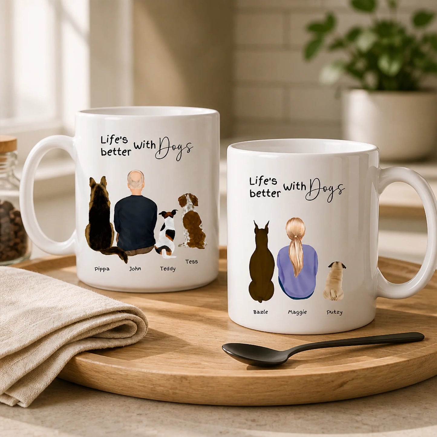 Personalised dog and owner mug customised with up to three dogs and their names.