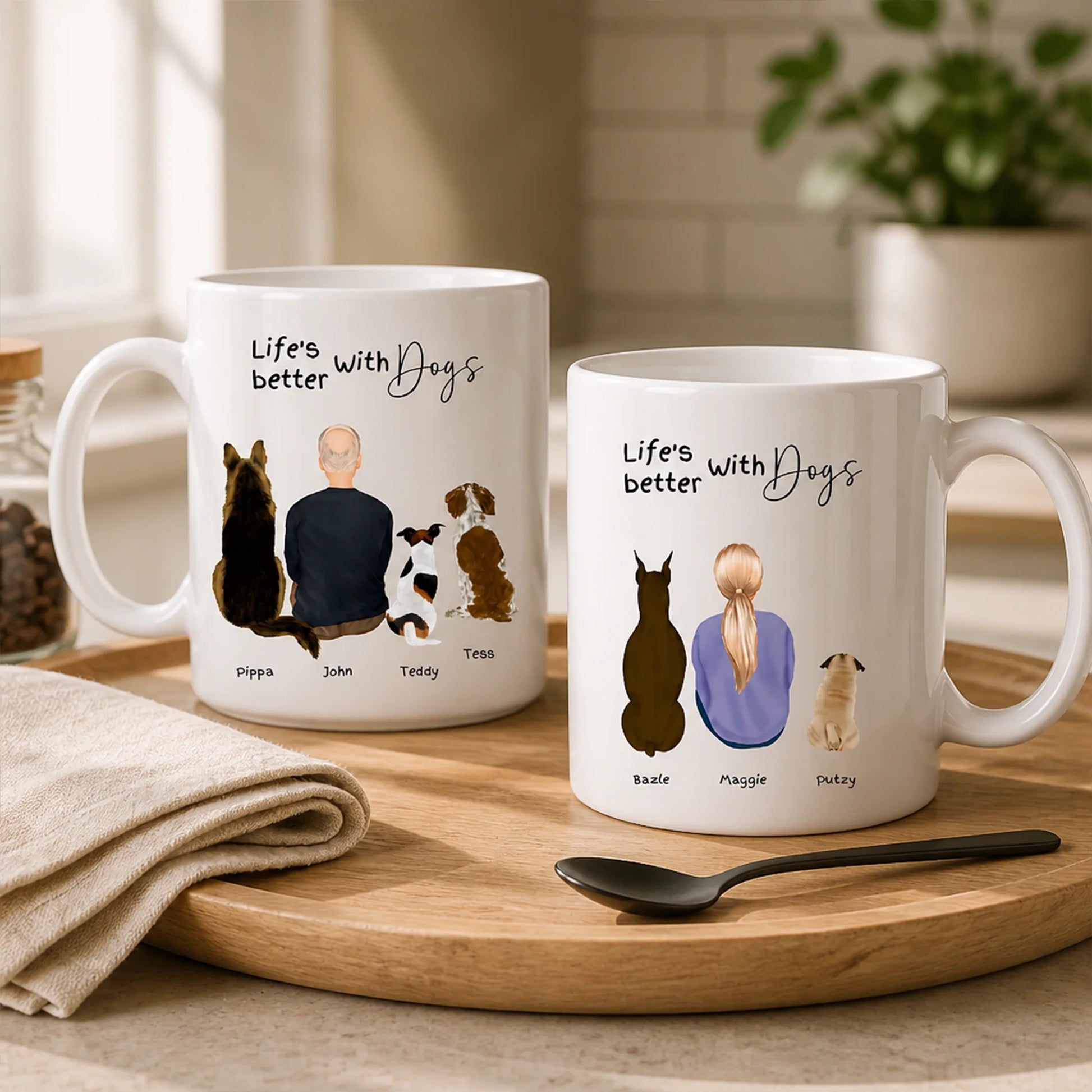 Personalised dog and owner mug customised with up to three dogs and their names.