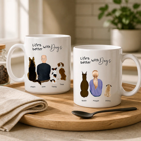 Personalised dog and owner mug customised with up to three dogs and their names.