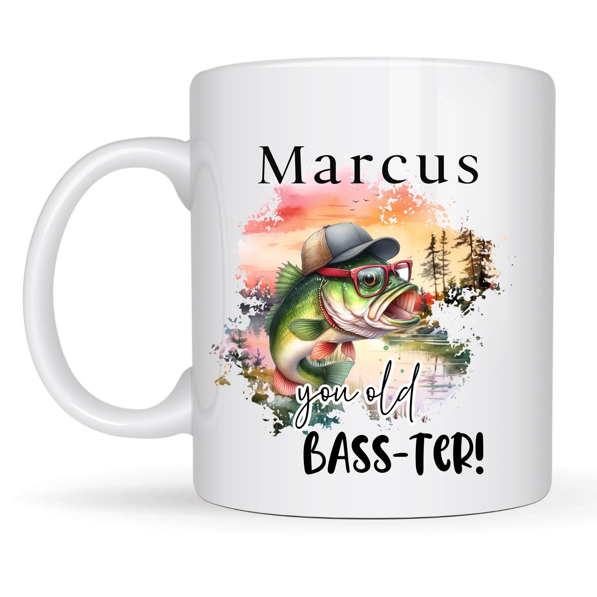 Funny fishing mug for anglers featuring bass illustration