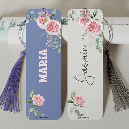 personalised elegant floral aluminium bookmark with pink flower design.