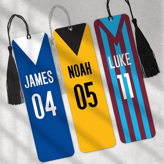 Personalised football team bookmark with custom name and number in team colours