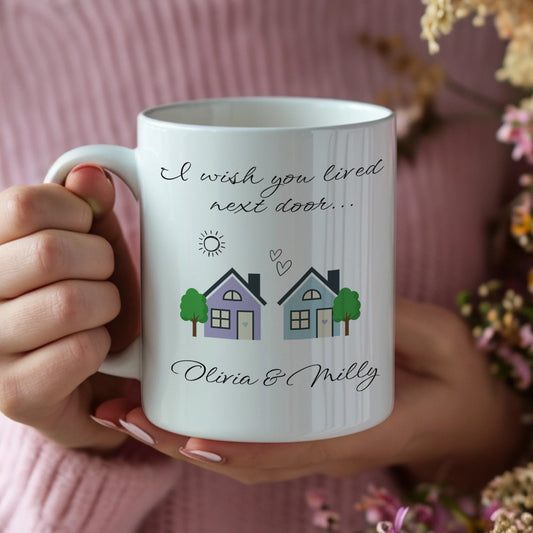 Personalised mug with two houses and friendship message