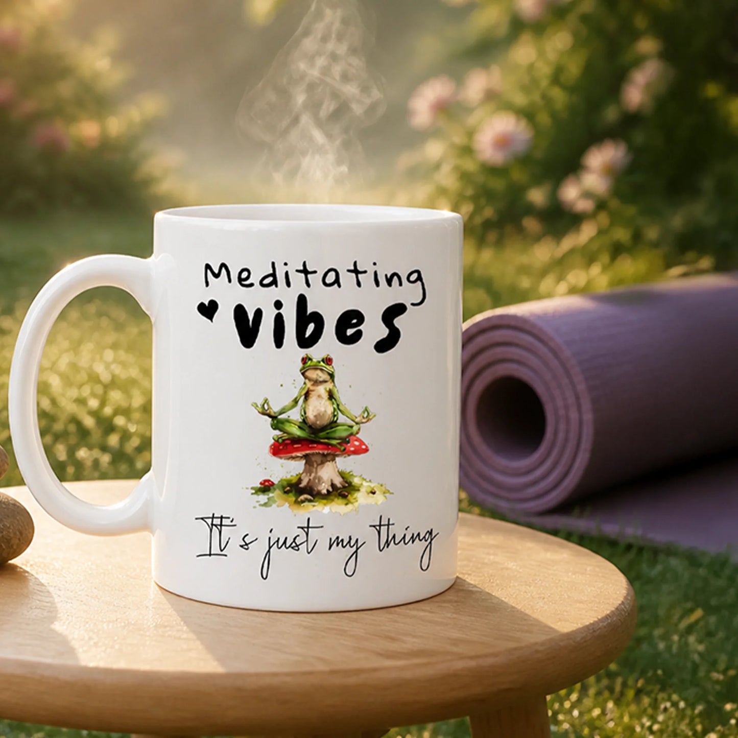 Frog lover mug featuring peaceful meditation frogs