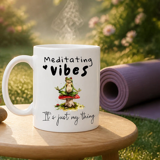 Frog lover mug featuring peaceful meditation frogs