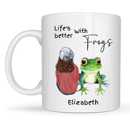 Unique frog lover gift mug with female character for her gift