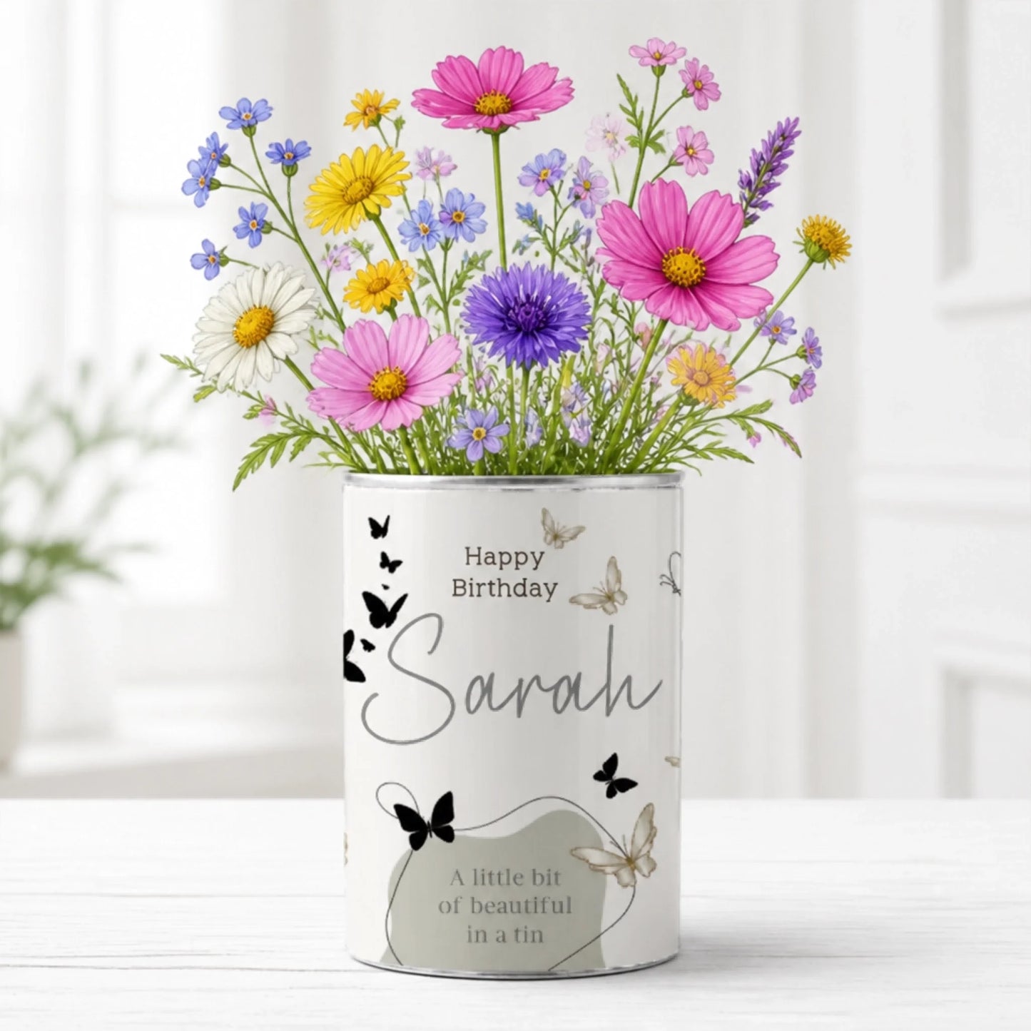 Unique birthday gift for her with personalised grow tin and wildflowers