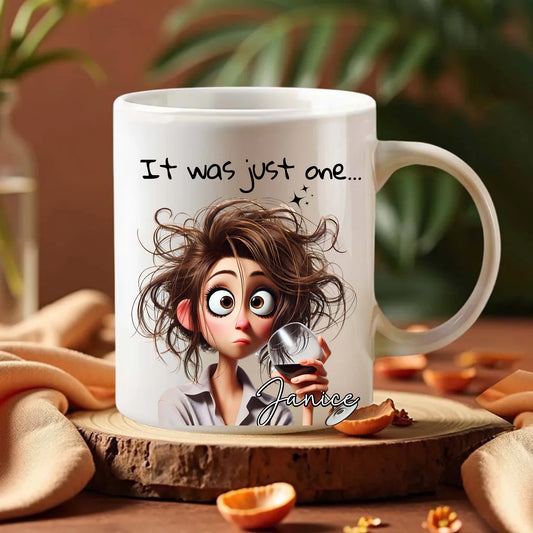 Personalised mug with cartoon lady holding wine glass