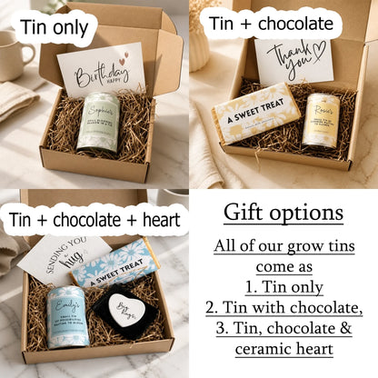 Personalised grow tin gift set options with wildflower seeds and biodegradable growing pot