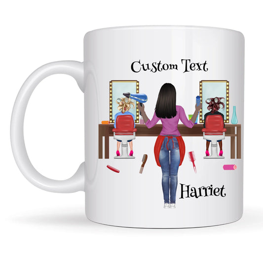 White mug with a design of a hairdresser and text 'Custom Text' and 'Harriet'.