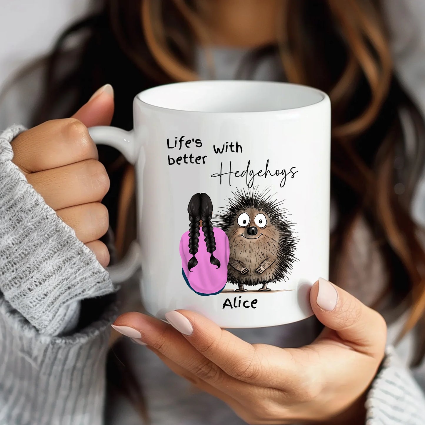 Personalised hedgehog mug with “Life’s Better With Hedgehogs” design, customised with name and character illustration.