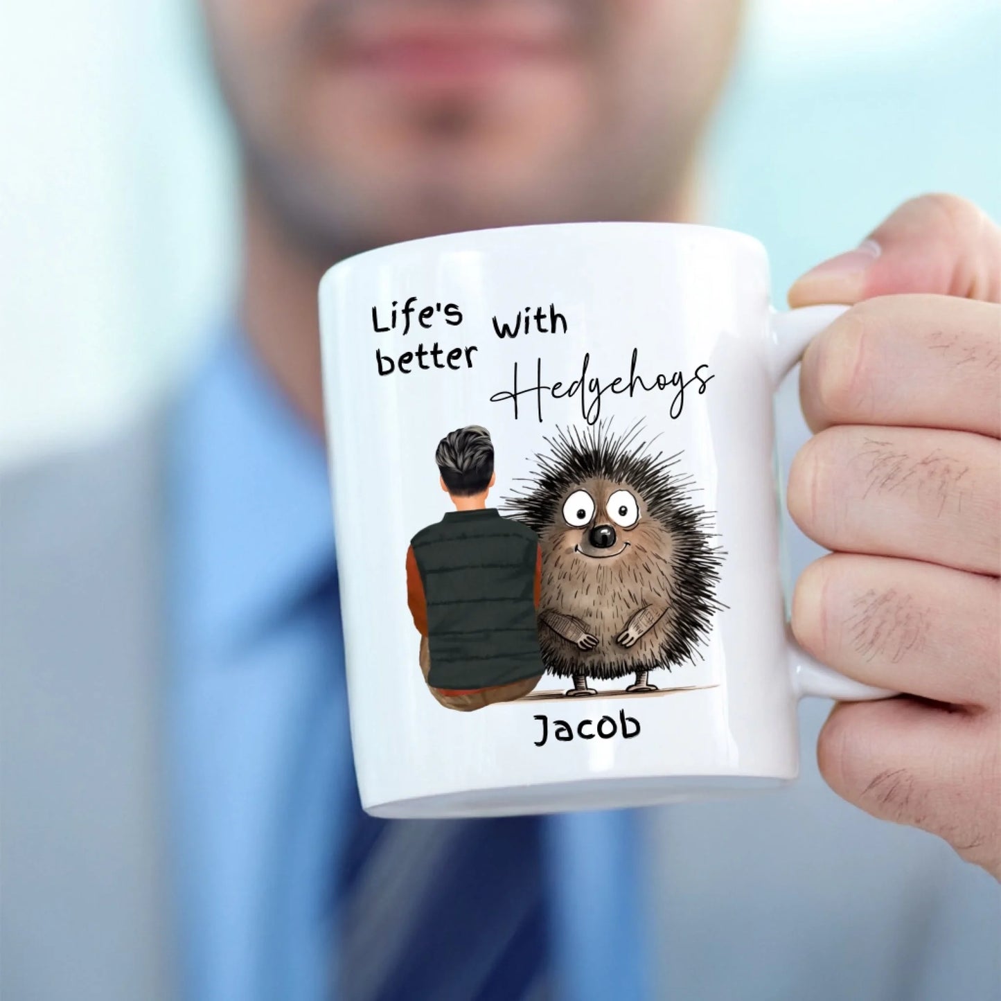 Illustrated hedgehog themed mug personalised with name and printed to order in the UK on ceramic mug.