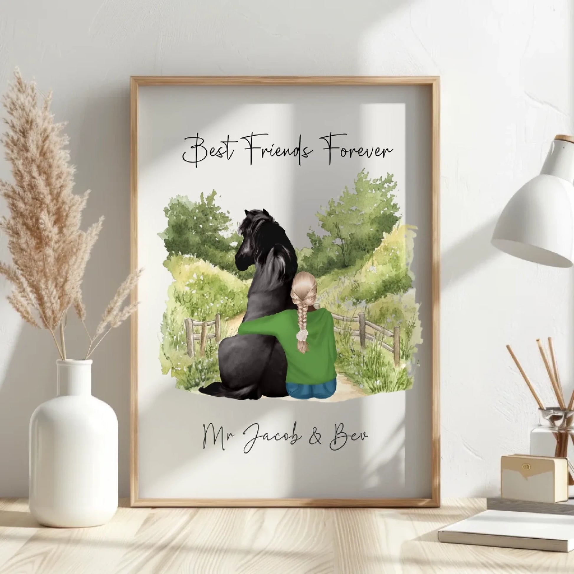 Personalised horse rider art with scenic background and quote