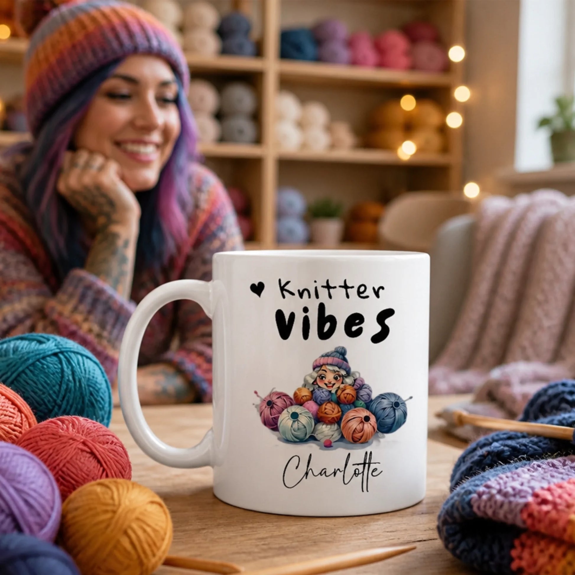 Personalised coffee mug for knitters and craft enthusiasts