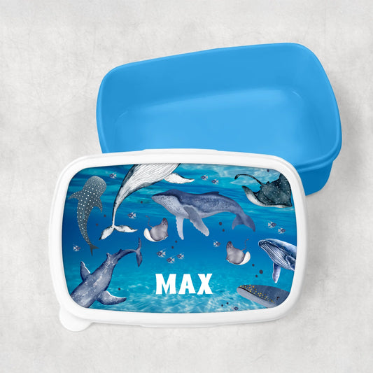 Personalised kids lunch box with whales