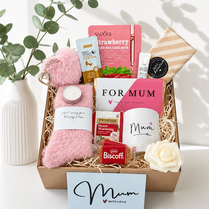 Personalised pink mum pamper hamper gift box UK filled with cosy self-care treats and skincare essentials
