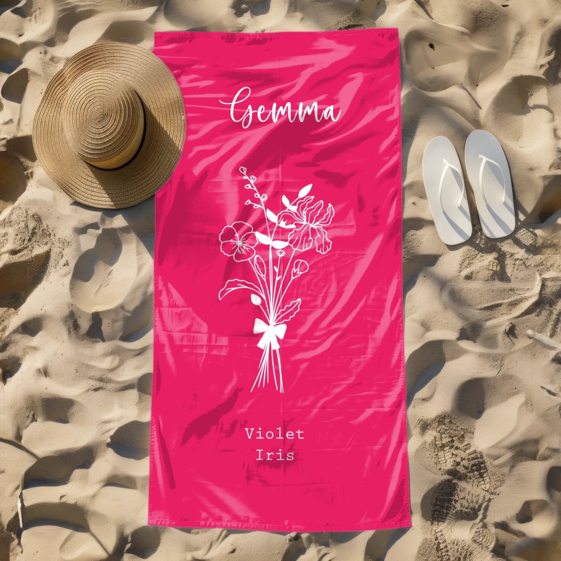 Custom name detail on personalised birth flower towel – unique birthday gift