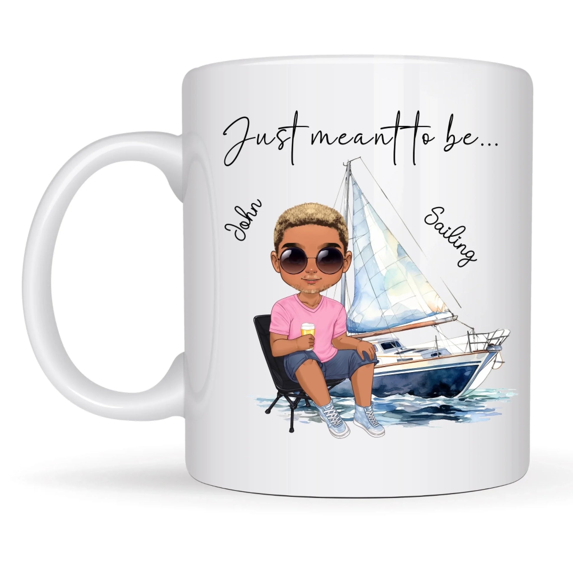 Personalised ceramic sailing mug created with custom character and sailing boat artwork.