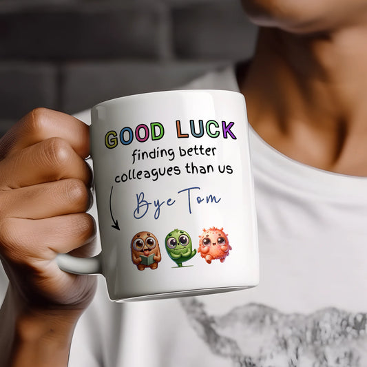 Good Luck Leaving Gift Mug with Personalised Names and Monsters