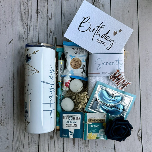 personalised pamper box for her with tea, biscuits, and self care items