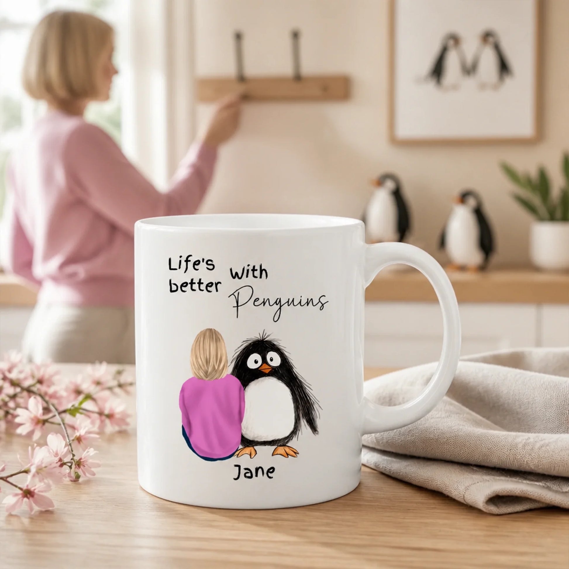 Personalised mug featuring a custom penguin character design