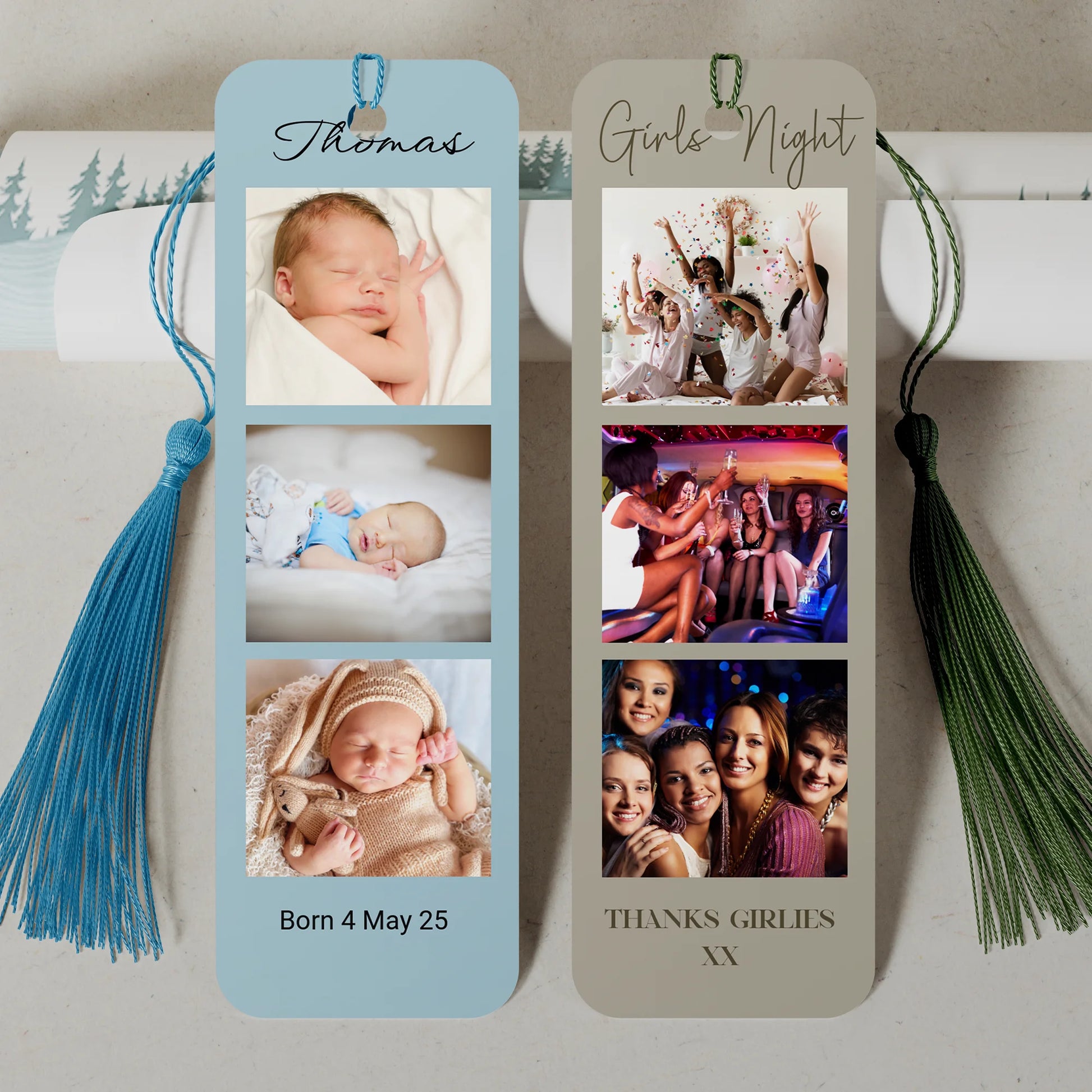 Personalised photo bookmark with three pictures, name and message on pastel background