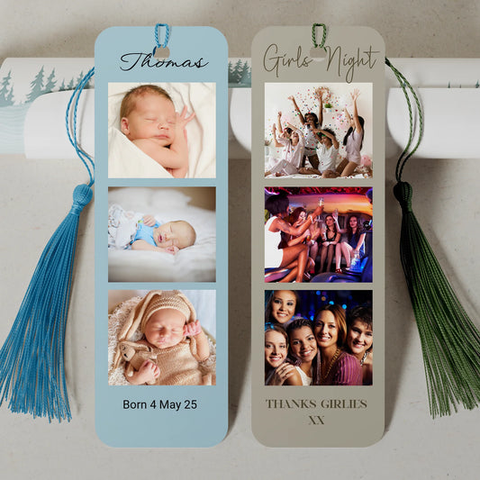Personalised photo bookmark with three pictures, name and message on pastel background