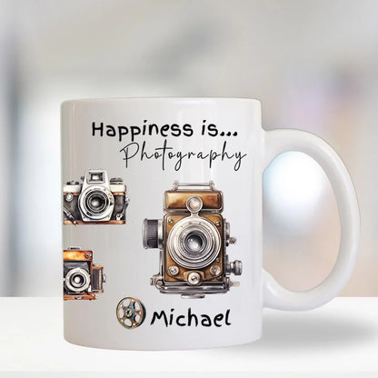 Personalised photography mug with vintage cameras