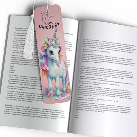 Personalised pink unicorn bookmark with custom name and “loves Unicorns” text – gift for kids and book lovers