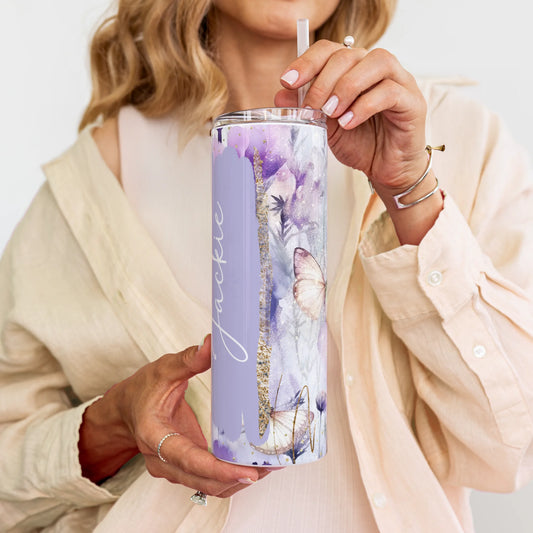 Personalised purple butterfly travel cup custom name gift