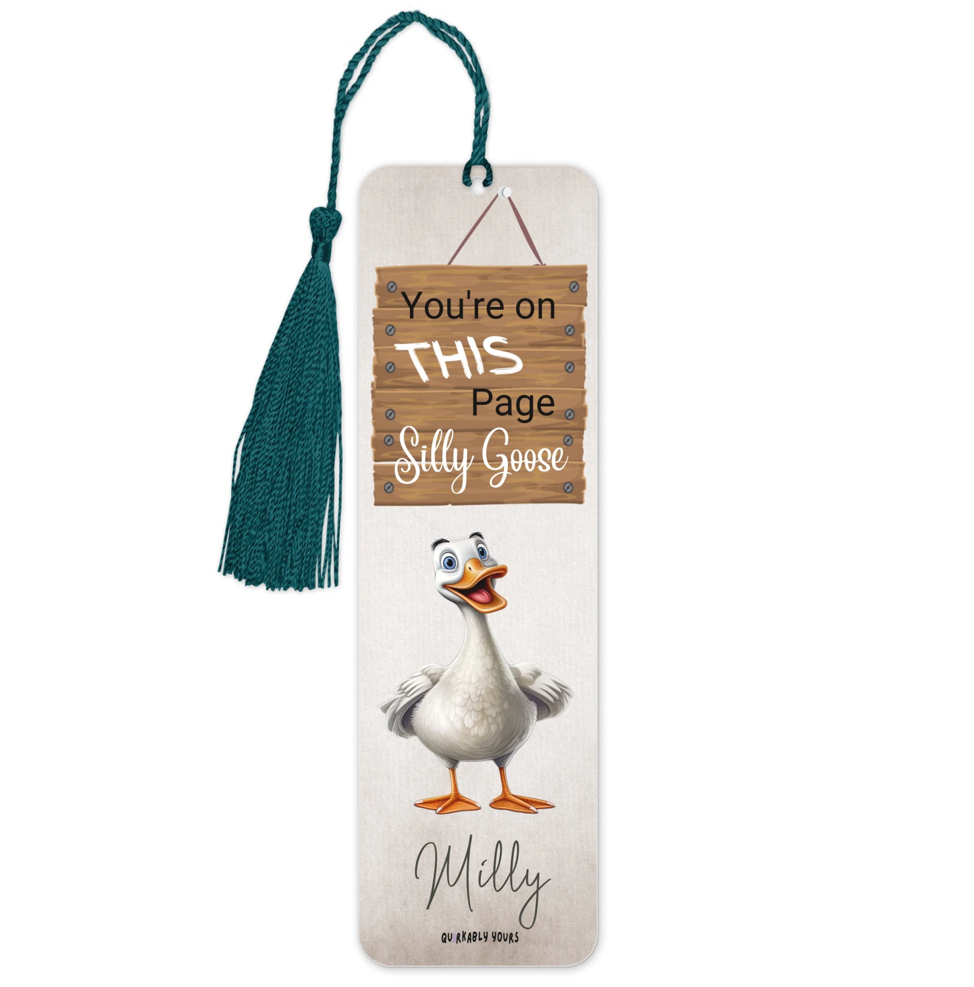 Bookmark with cartoon goose and humorous text on a white background